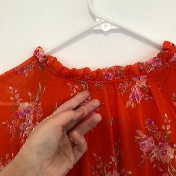 VINCE CAMUTO Floral Print Long Sleeve Split V-Neck Tiered Shift Dress Orange XS - Picture 12 of 12